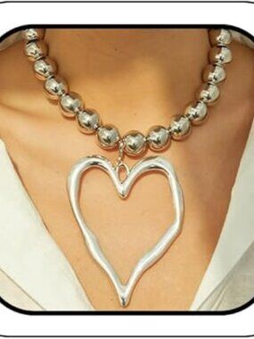 Big Chunky Silver Heart with Beads Statement Pendant Necklace  Boho Trendy Y2K